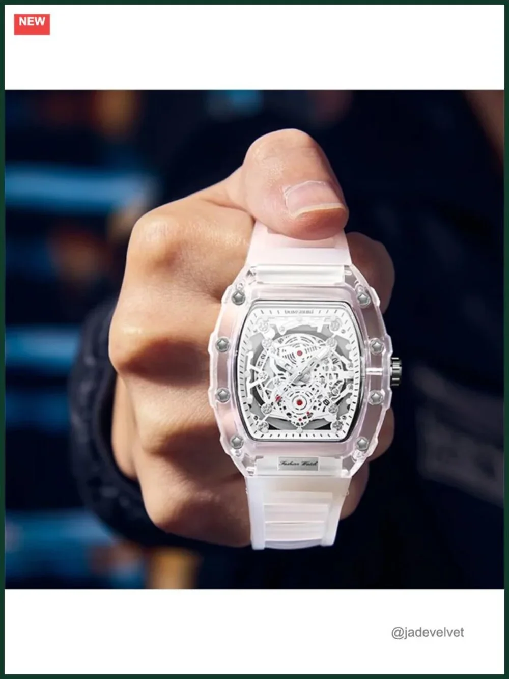 Men's Fashion Chronograph Watch Big Dial Hollowed Transparent Silicone Strap